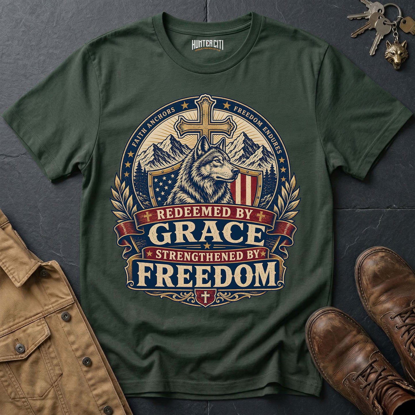 Redeemed by Grace Strengthened by Freedom Wolf T-Shirt - Christian Patriotic Wolf Graphic Tee USA Gift for Men