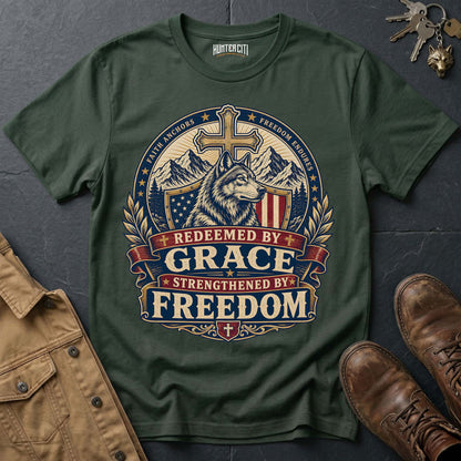 Redeemed by Grace Strengthened by Freedom Wolf T-Shirt - Christian Patriotic Wolf Graphic Tee USA Gift for Men