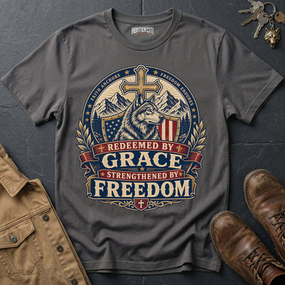 Redeemed by Grace Strengthened by Freedom Wolf T-Shirt - Christian Patriotic Wolf Graphic Tee USA Gift for Men