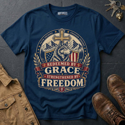 Redeemed by Grace Strengthened by Freedom Wolf T-Shirt - Christian Patriotic Wolf Graphic Tee USA Gift for Men
