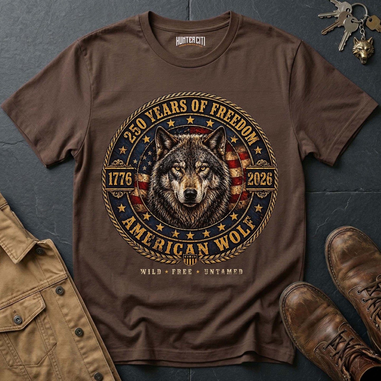 250 Years of Freedom American Wolf Coin Badge T-Shirt - 1776 2026 Gold Wolf Wild Free Untamed Anniversary USA Gift