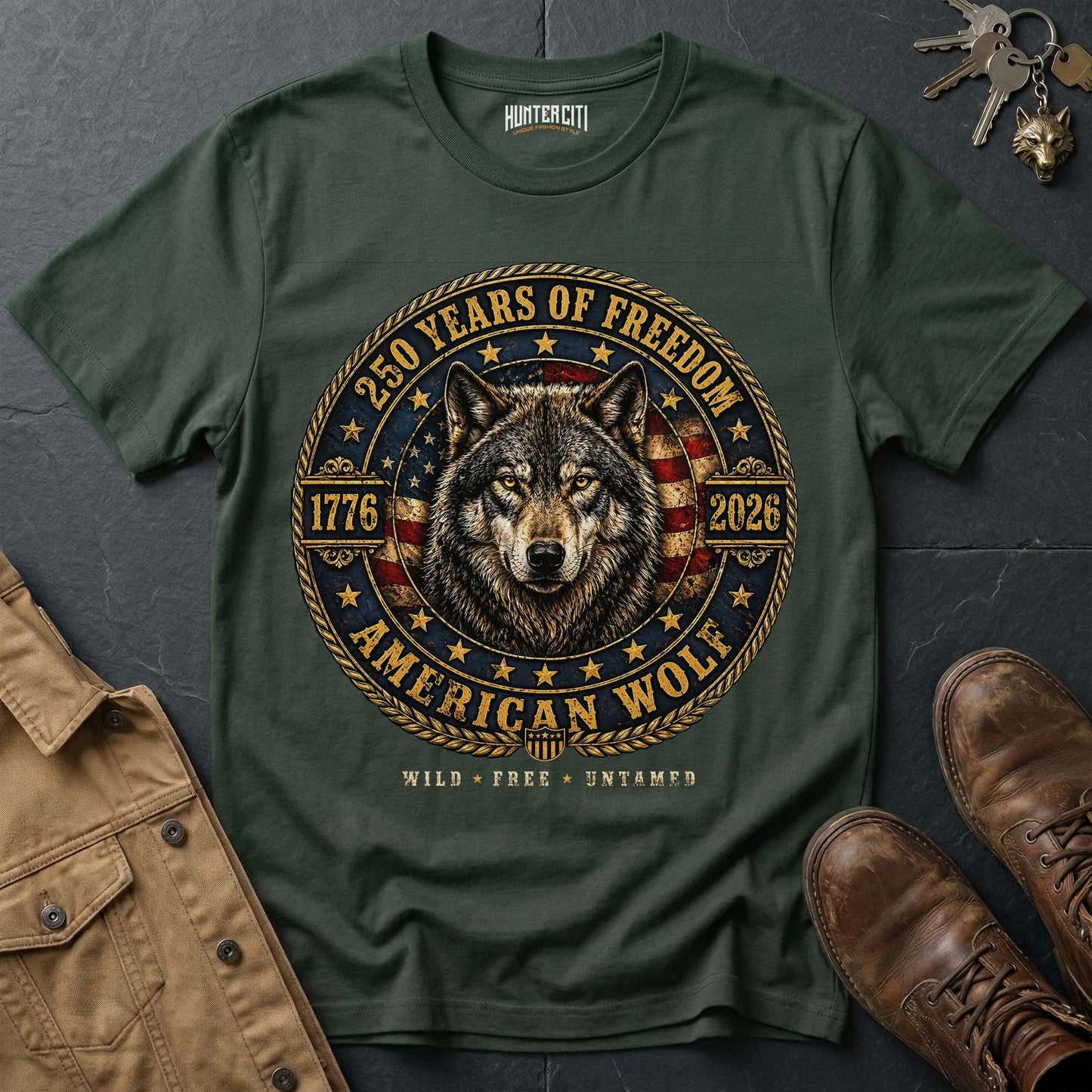 250 Years of Freedom American Wolf Coin Badge T-Shirt - 1776 2026 Gold Wolf Wild Free Untamed Anniversary USA Gift