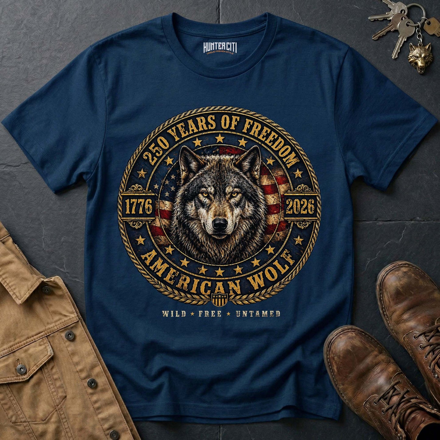 250 Years of Freedom American Wolf Coin Badge T-Shirt - 1776 2026 Gold Wolf Wild Free Untamed Anniversary USA Gift