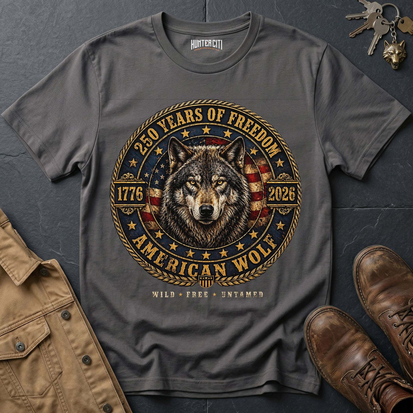 250 Years of Freedom American Wolf Coin Badge T-Shirt - 1776 2026 Gold Wolf Wild Free Untamed Anniversary USA Gift