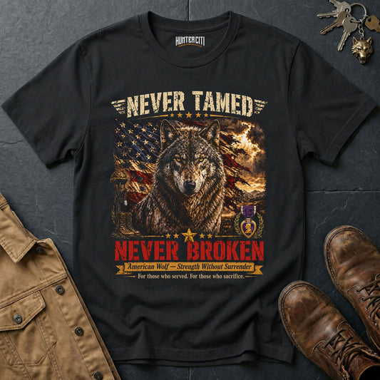 Never Tamed Never Broken American Wolf T-Shirt — Patriotic Veteran Wolf Military Honor Graphic Tee Gift for Men