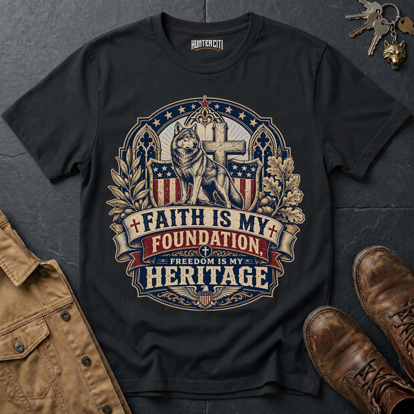 Faith Is My Foundation Freedom Is My Heritage Wolf T-Shirt - Christian Patriotic Wolf Graphic Tee USA Gift for Men