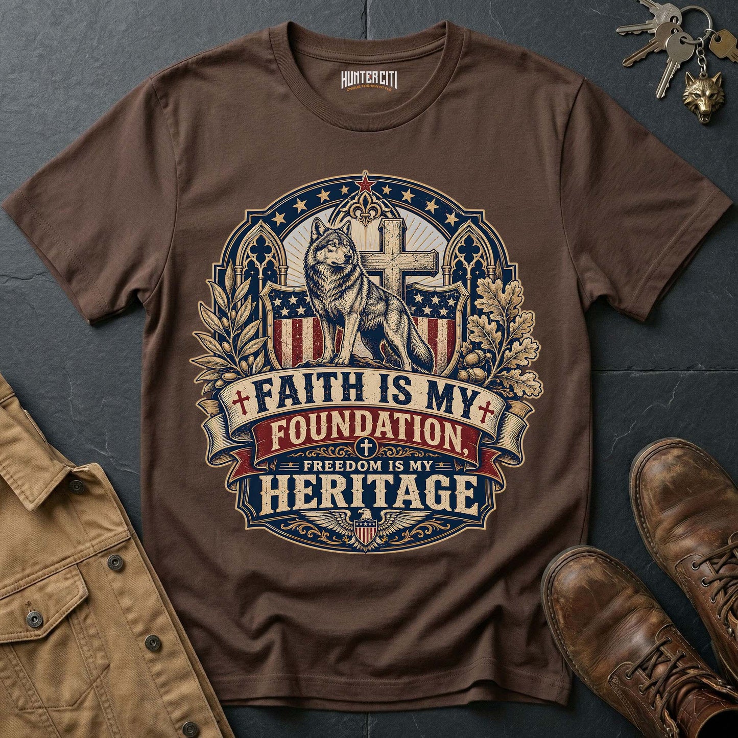 Faith Is My Foundation Freedom Is My Heritage Wolf T-Shirt - Christian Patriotic Wolf Graphic Tee USA Gift for Men