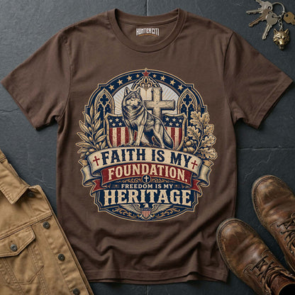 Faith Is My Foundation Freedom Is My Heritage Wolf T-Shirt - Christian Patriotic Wolf Graphic Tee USA Gift for Men