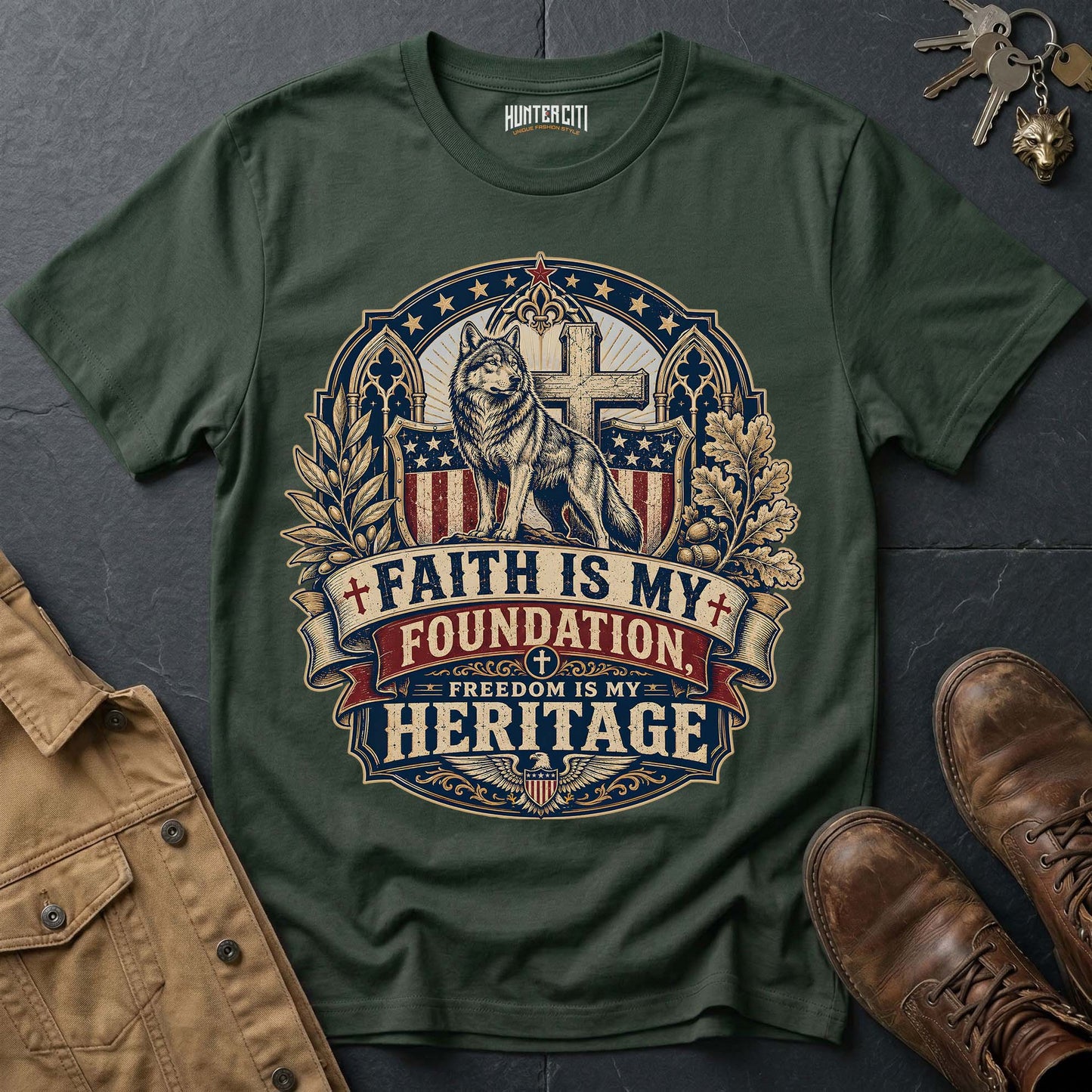 Faith Is My Foundation Freedom Is My Heritage Wolf T-Shirt - Christian Patriotic Wolf Graphic Tee USA Gift for Men