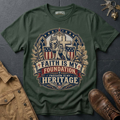 Faith Is My Foundation Freedom Is My Heritage Wolf T-Shirt - Christian Patriotic Wolf Graphic Tee USA Gift for Men