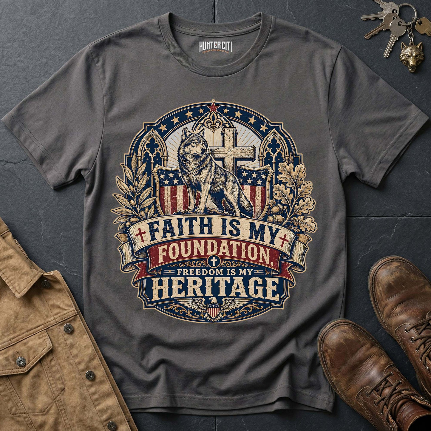 Faith Is My Foundation Freedom Is My Heritage Wolf T-Shirt - Christian Patriotic Wolf Graphic Tee USA Gift for Men