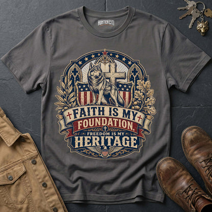 Faith Is My Foundation Freedom Is My Heritage Wolf T-Shirt - Christian Patriotic Wolf Graphic Tee USA Gift for Men