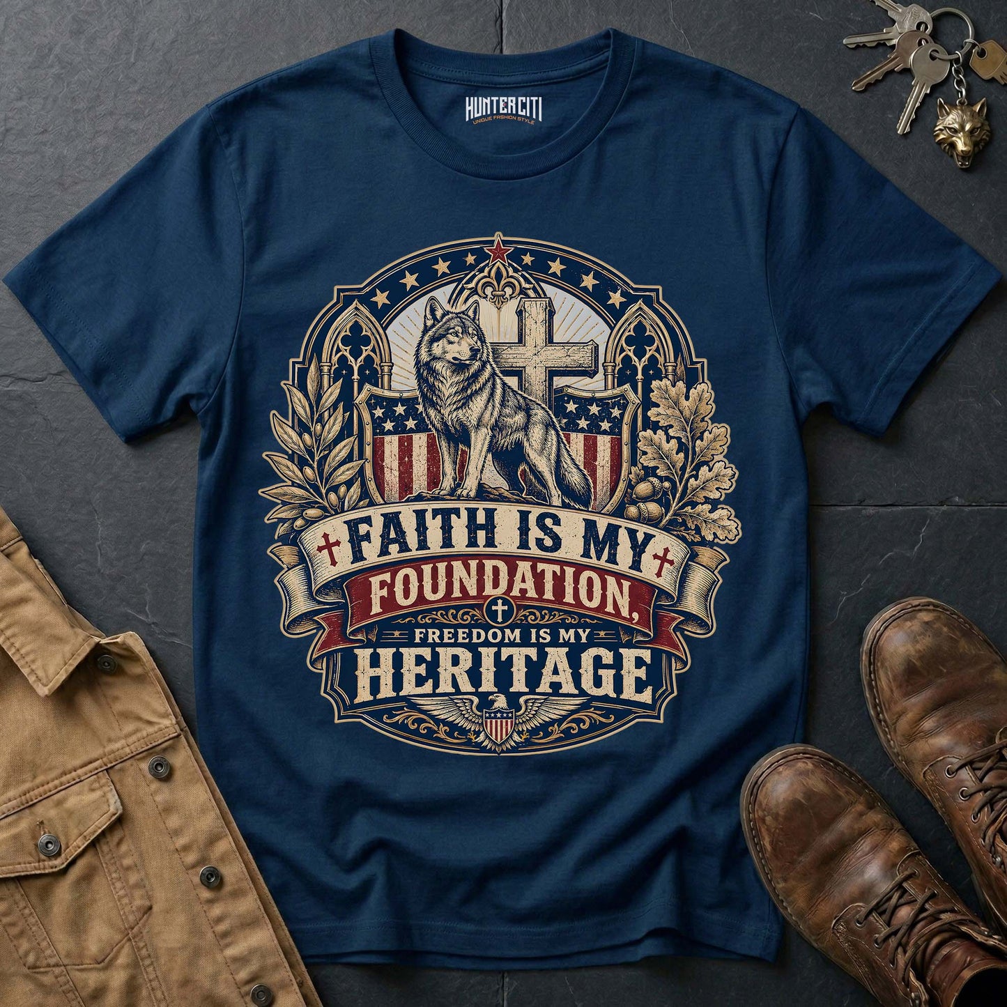 Faith Is My Foundation Freedom Is My Heritage Wolf T-Shirt - Christian Patriotic Wolf Graphic Tee USA Gift for Men