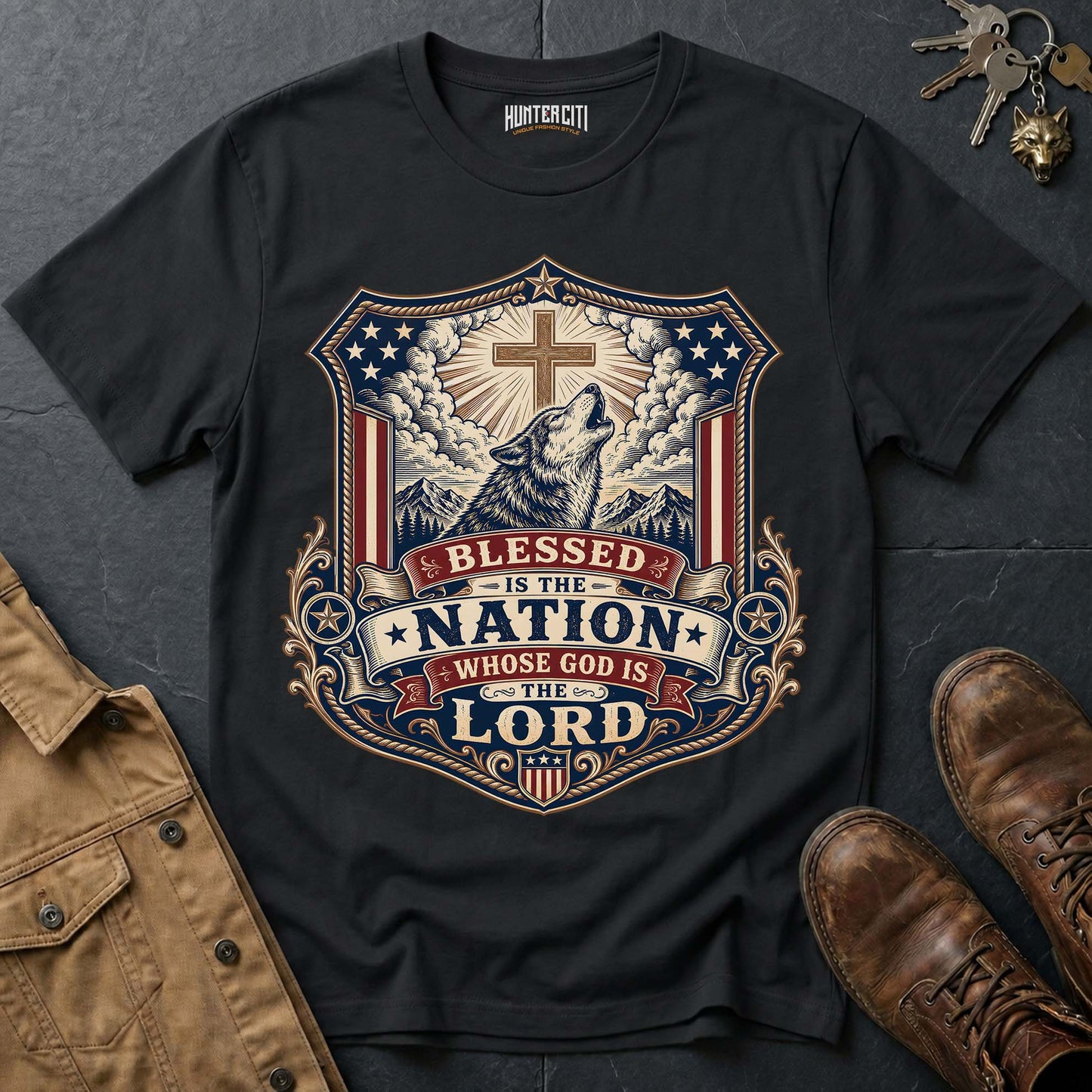 Blessed Is the Nation Whose God Is the Lord Wolf T-Shirt - Christian Patriotic Wolf Graphic Tee USA Gift for Men