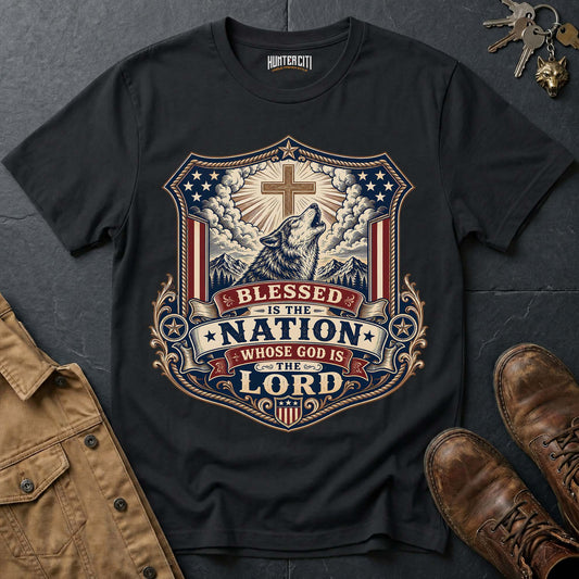 Blessed Is the Nation Whose God Is the Lord Wolf T-Shirt - Christian Patriotic Wolf Graphic Tee USA Gift for Men