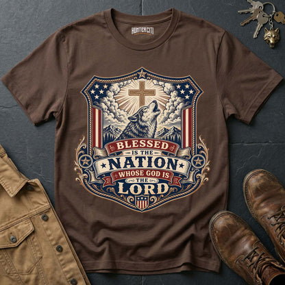 Blessed Is the Nation Whose God Is the Lord Wolf T-Shirt - Christian Patriotic Wolf Graphic Tee USA Gift for Men