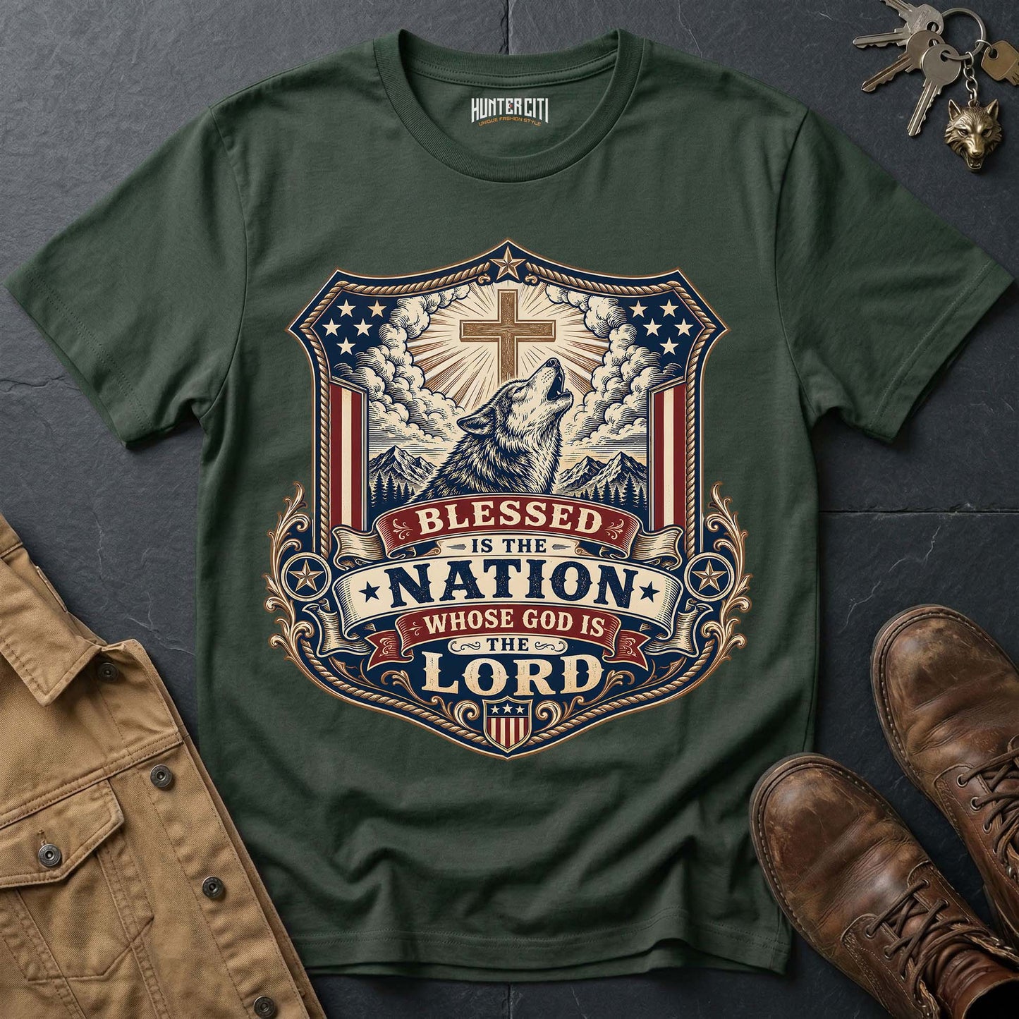 Blessed Is the Nation Whose God Is the Lord Wolf T-Shirt - Christian Patriotic Wolf Graphic Tee USA Gift for Men