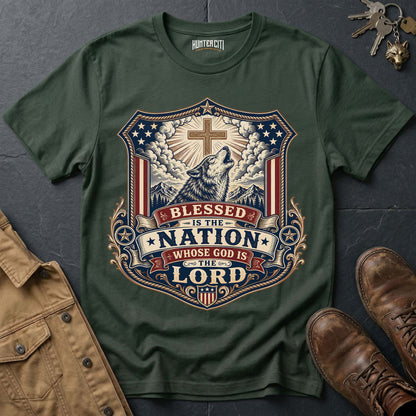 Blessed Is the Nation Whose God Is the Lord Wolf T-Shirt - Christian Patriotic Wolf Graphic Tee USA Gift for Men