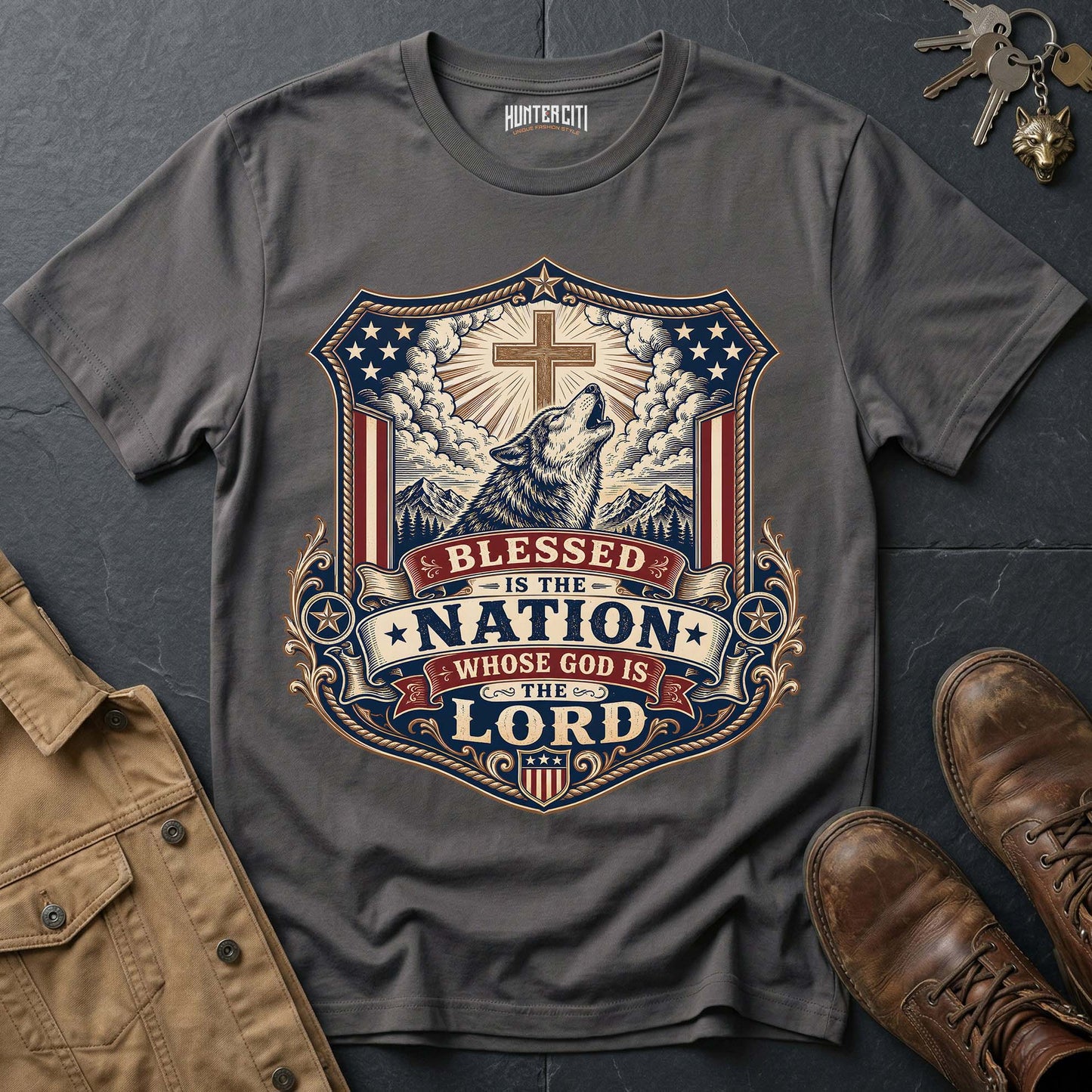 Blessed Is the Nation Whose God Is the Lord Wolf T-Shirt - Christian Patriotic Wolf Graphic Tee USA Gift for Men