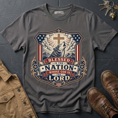 Blessed Is the Nation Whose God Is the Lord Wolf T-Shirt - Christian Patriotic Wolf Graphic Tee USA Gift for Men