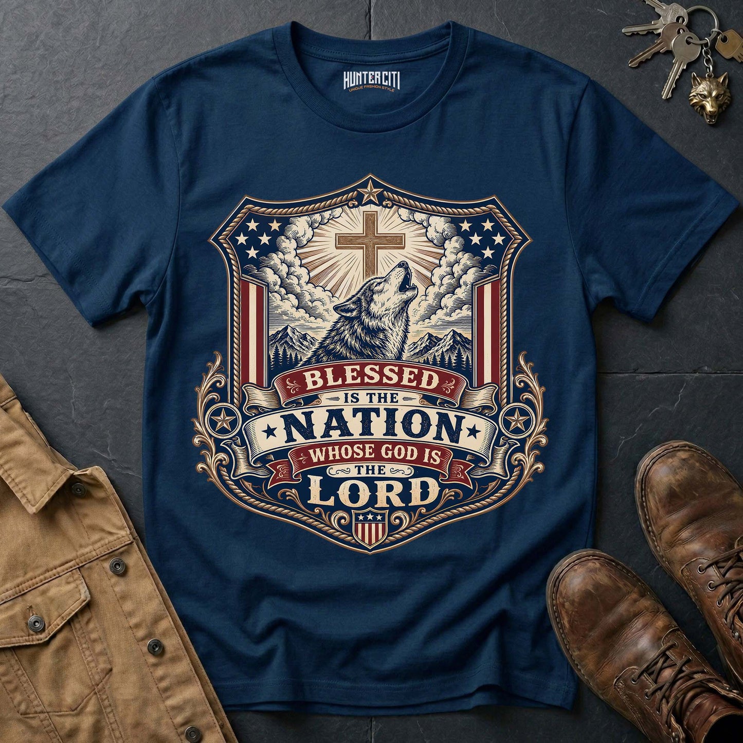 Blessed Is the Nation Whose God Is the Lord Wolf T-Shirt - Christian Patriotic Wolf Graphic Tee USA Gift for Men