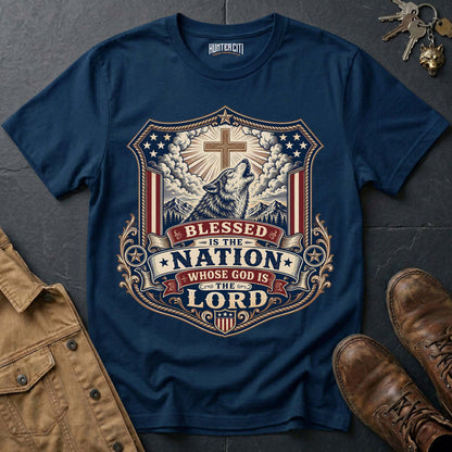 Blessed Is the Nation Whose God Is the Lord Wolf T-Shirt - Christian Patriotic Wolf Graphic Tee USA Gift for Men