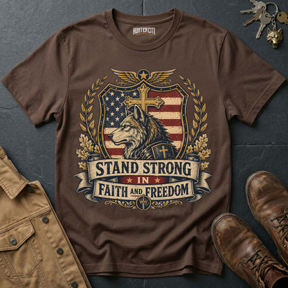 Stand Strong in Faith and Freedom Wolf T-Shirt - Christian Patriotic Wolf Graphic Tee USA Gift for Men