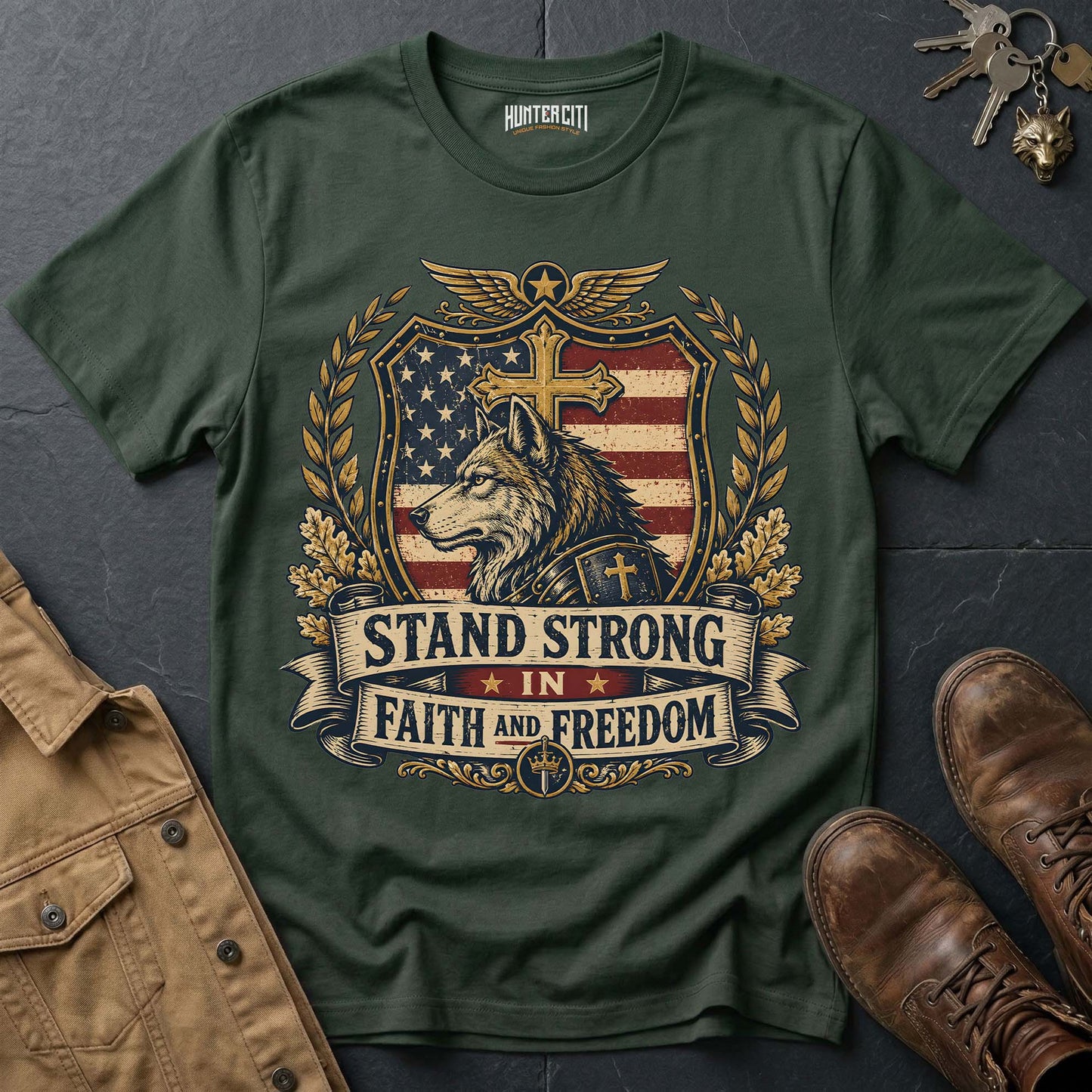 Stand Strong in Faith and Freedom Wolf T-Shirt - Christian Patriotic Wolf Graphic Tee USA Gift for Men