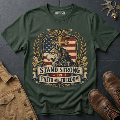 Stand Strong in Faith and Freedom Wolf T-Shirt - Christian Patriotic Wolf Graphic Tee USA Gift for Men