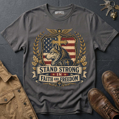 Stand Strong in Faith and Freedom Wolf T-Shirt - Christian Patriotic Wolf Graphic Tee USA Gift for Men