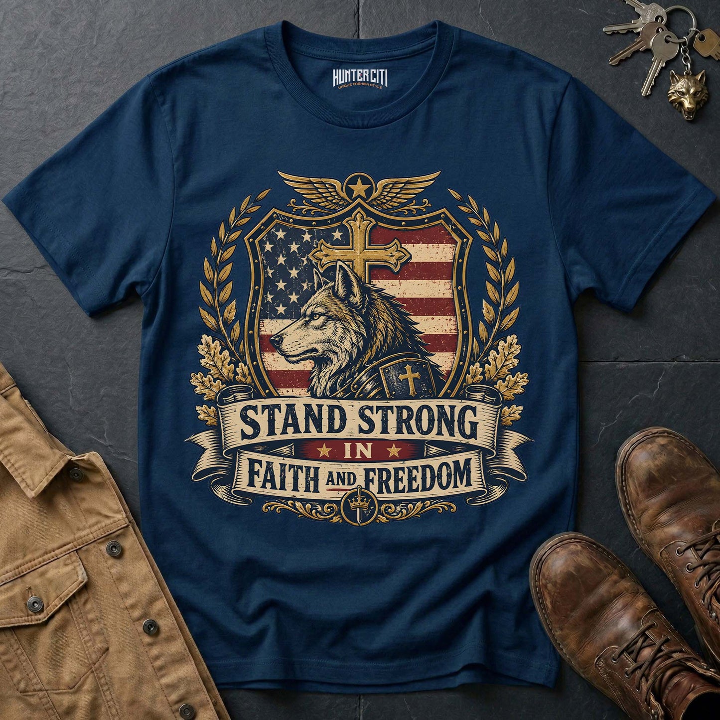 Stand Strong in Faith and Freedom Wolf T-Shirt - Christian Patriotic Wolf Graphic Tee USA Gift for Men