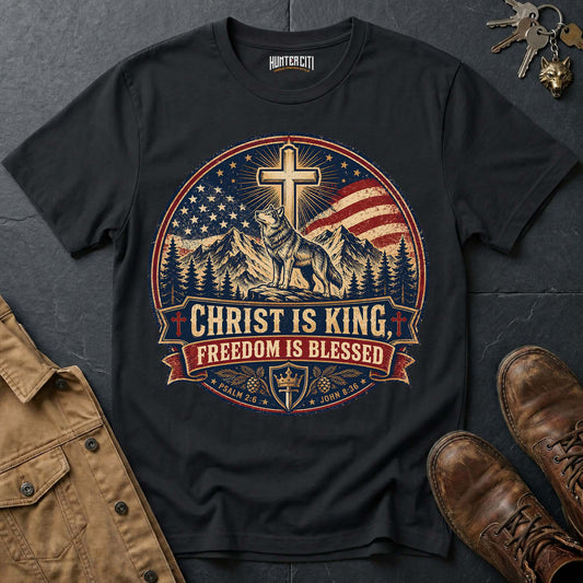 Christ Is King Freedom Is Blessed Wolf T-Shirt - Christian Patriotic Wolf Graphic Tee USA Gift for Men
