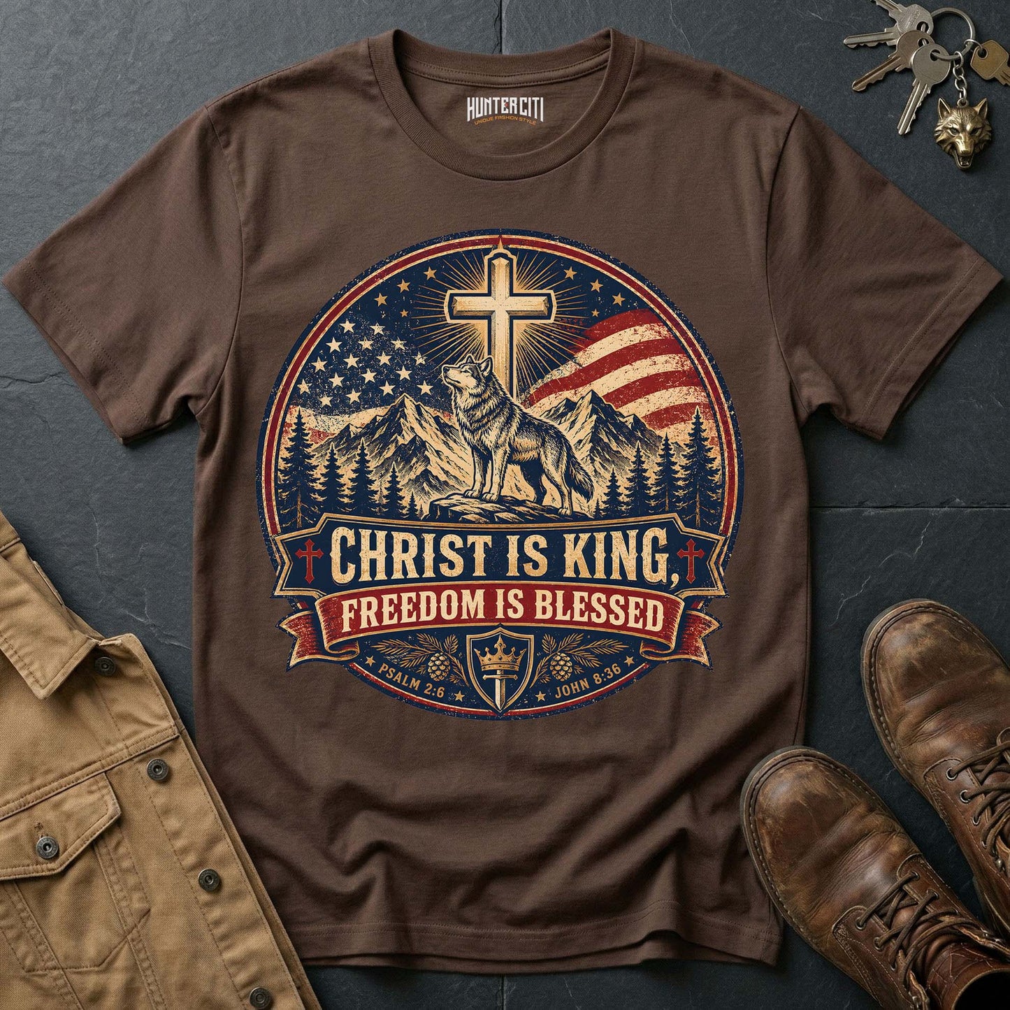 Christ Is King Freedom Is Blessed Wolf T-Shirt - Christian Patriotic Wolf Graphic Tee USA Gift for Men