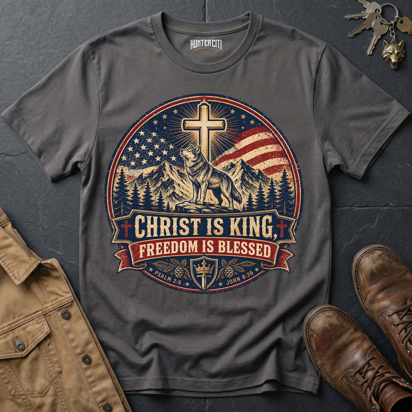 Christ Is King Freedom Is Blessed Wolf T-Shirt - Christian Patriotic Wolf Graphic Tee USA Gift for Men
