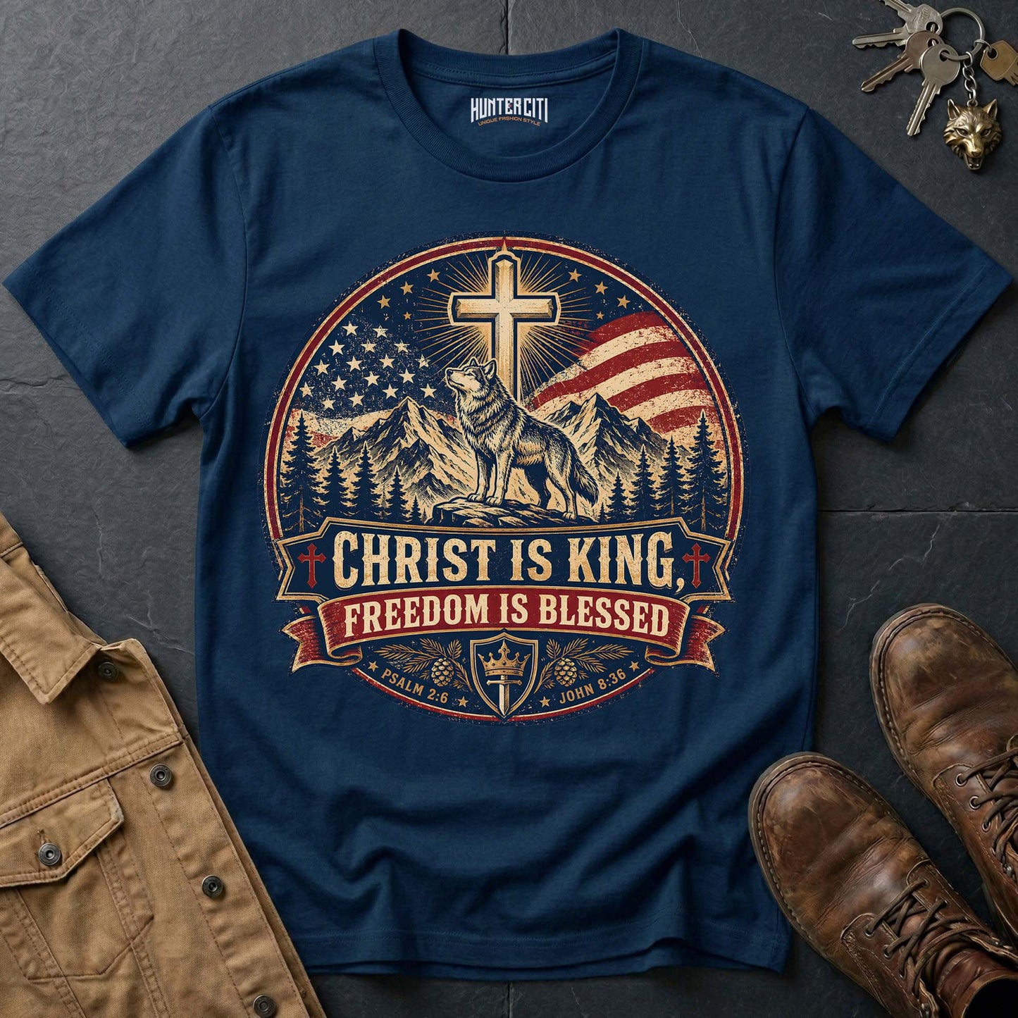 Christ Is King Freedom Is Blessed Wolf T-Shirt - Christian Patriotic Wolf Graphic Tee USA Gift for Men