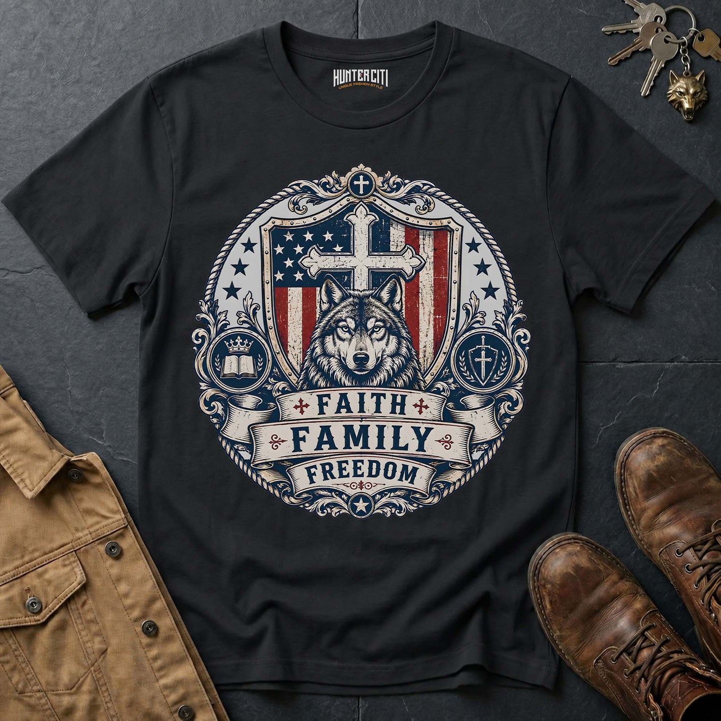 Faith Family Freedom Wolf T-Shirt - Christian Patriotic Wolf Graphic Tee USA Gift for Men