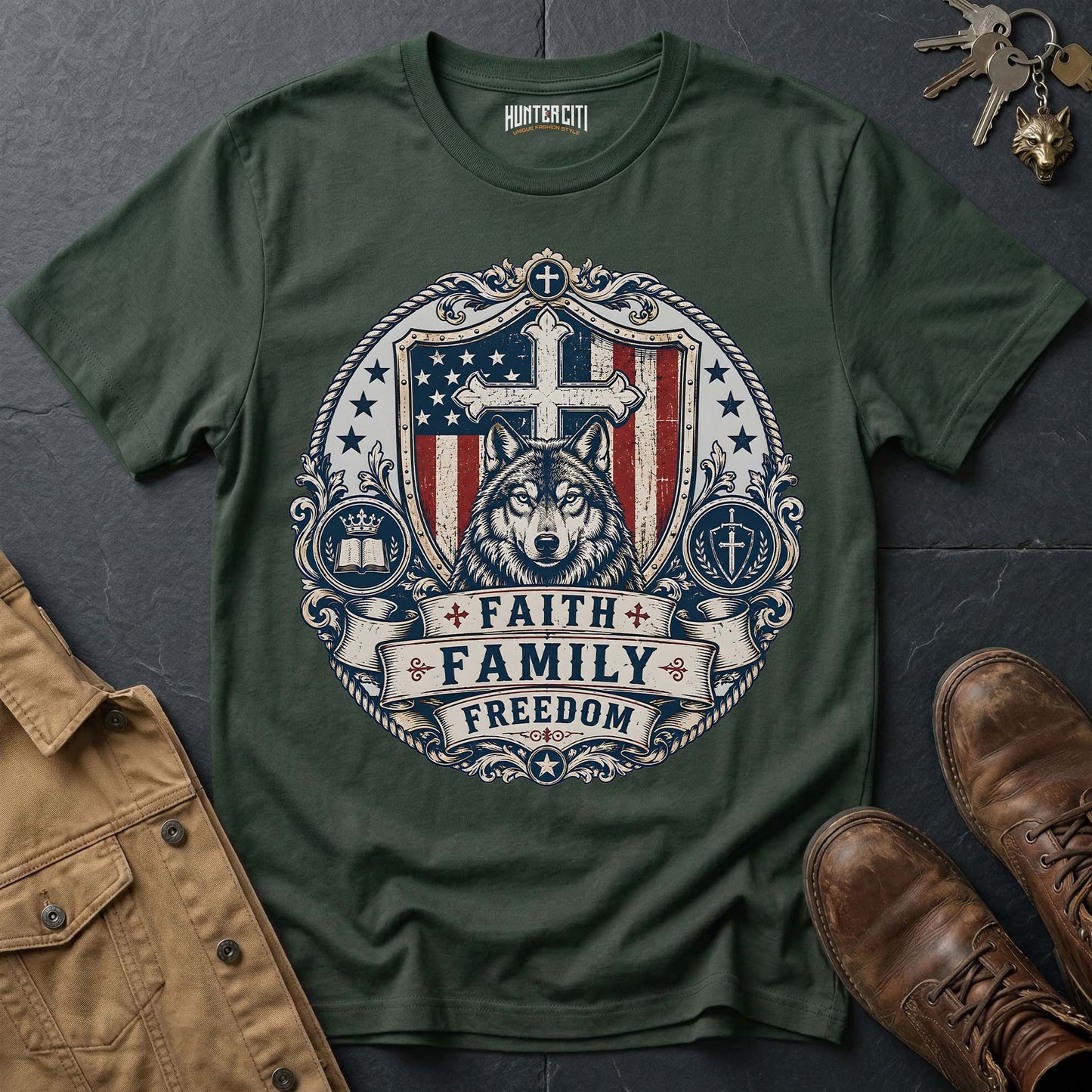 Faith Family Freedom Wolf T-Shirt - Christian Patriotic Wolf Graphic Tee USA Gift for Men