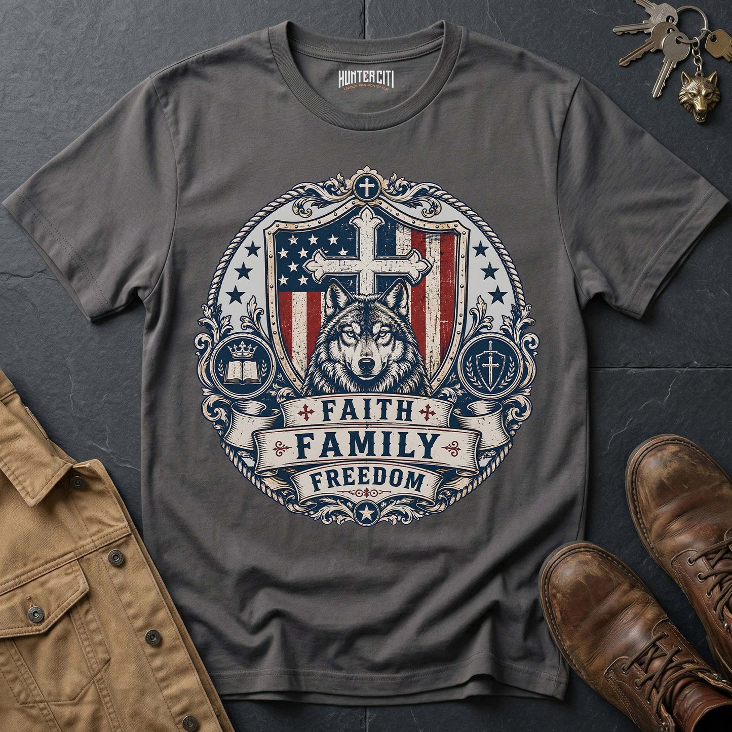 Faith Family Freedom Wolf T-Shirt - Christian Patriotic Wolf Graphic Tee USA Gift for Men