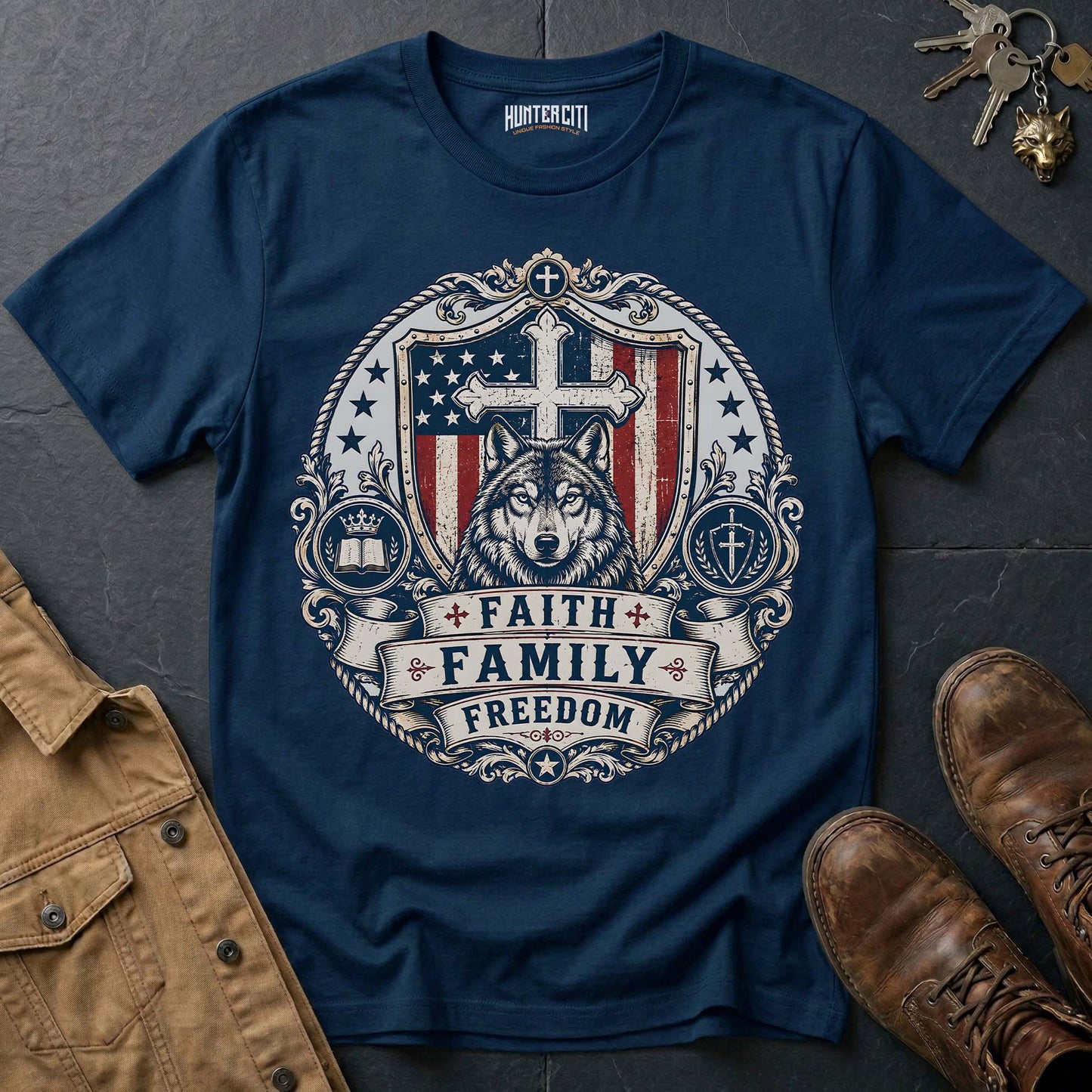 Faith Family Freedom Wolf T-Shirt - Christian Patriotic Wolf Graphic Tee USA Gift for Men