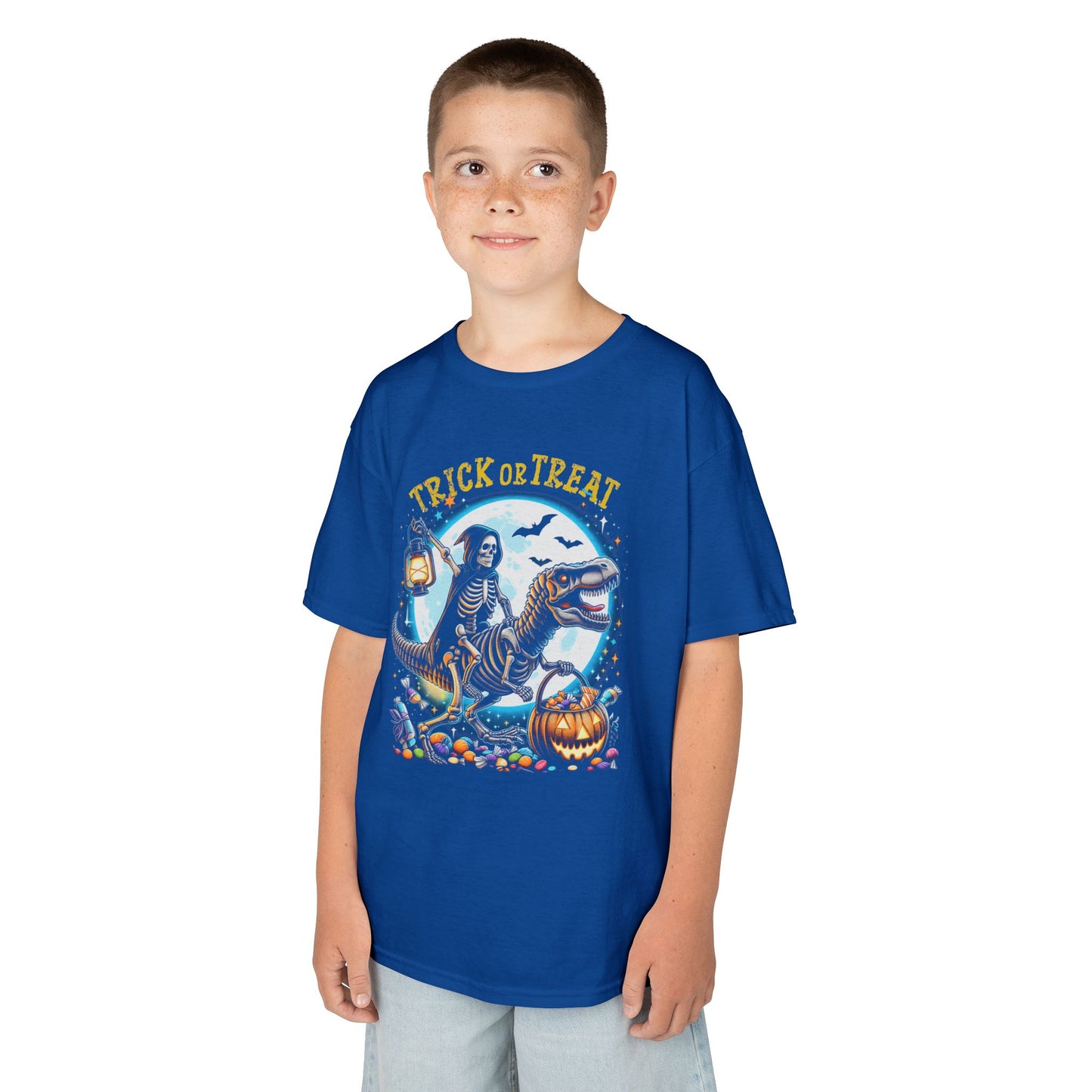 Skeleton Riding Mummy Dinosaur T Rex Halloween Funny Pumpkin Kids T-Shirt - Cute Dinosaur Skeleton Halloween Shirt for Boys & Girls