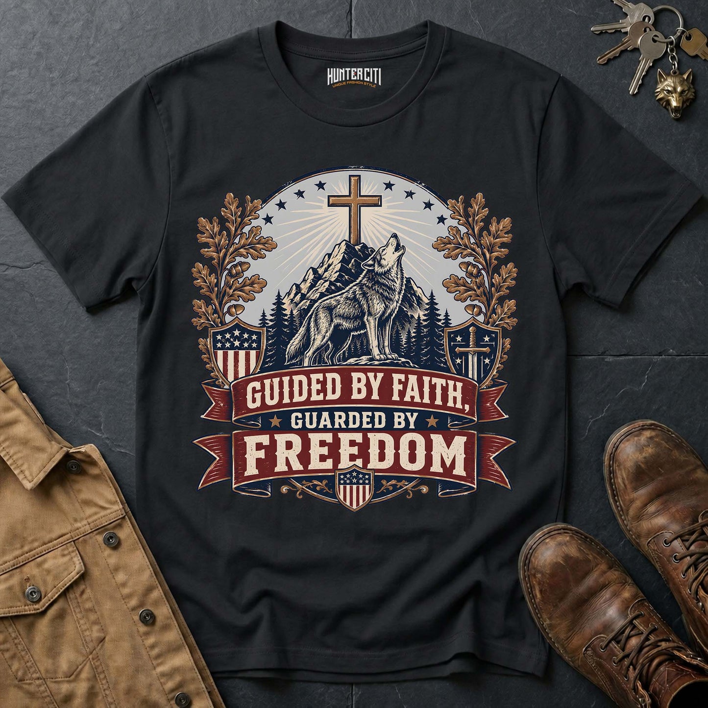 Guided by Faith Guarded by Freedom Wolf T-Shirt - Christian Patriotic Wolf Graphic Tee USA Gift for Men