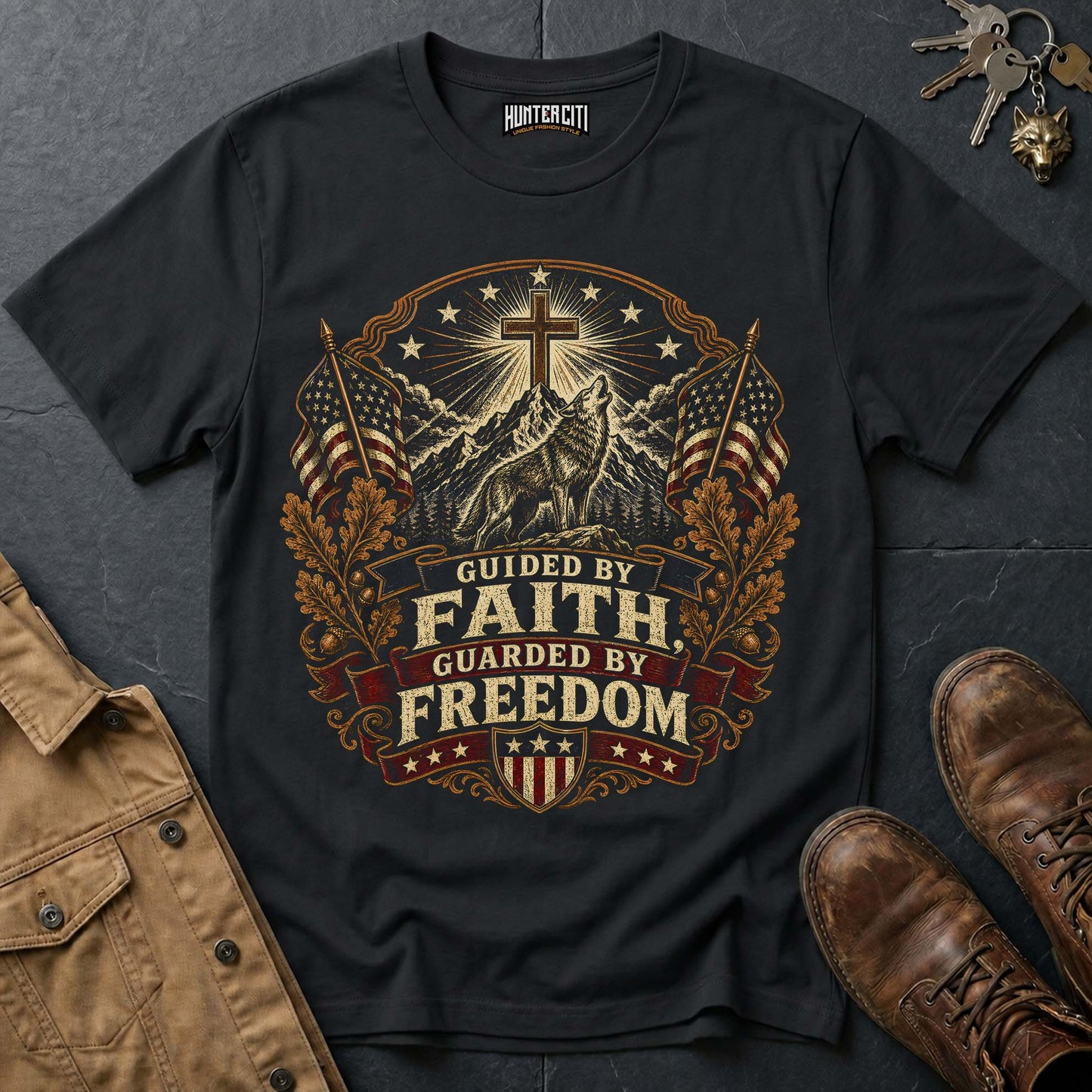 Guided by Faith Guarded by Freedom Wolf T-Shirt - Christian Patriotic Wolf Graphic Tee USA Gift for Men Vintage Edition