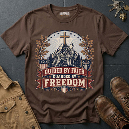 Guided by Faith Guarded by Freedom Wolf T-Shirt - Christian Patriotic Wolf Graphic Tee USA Gift for Men