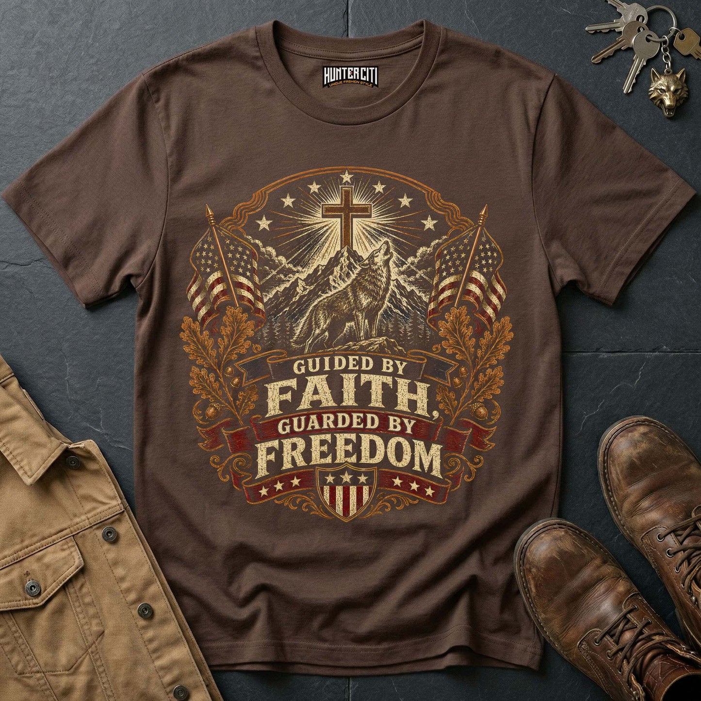 Guided by Faith Guarded by Freedom Wolf T-Shirt - Christian Patriotic Wolf Graphic Tee USA Gift for Men Vintage Edition