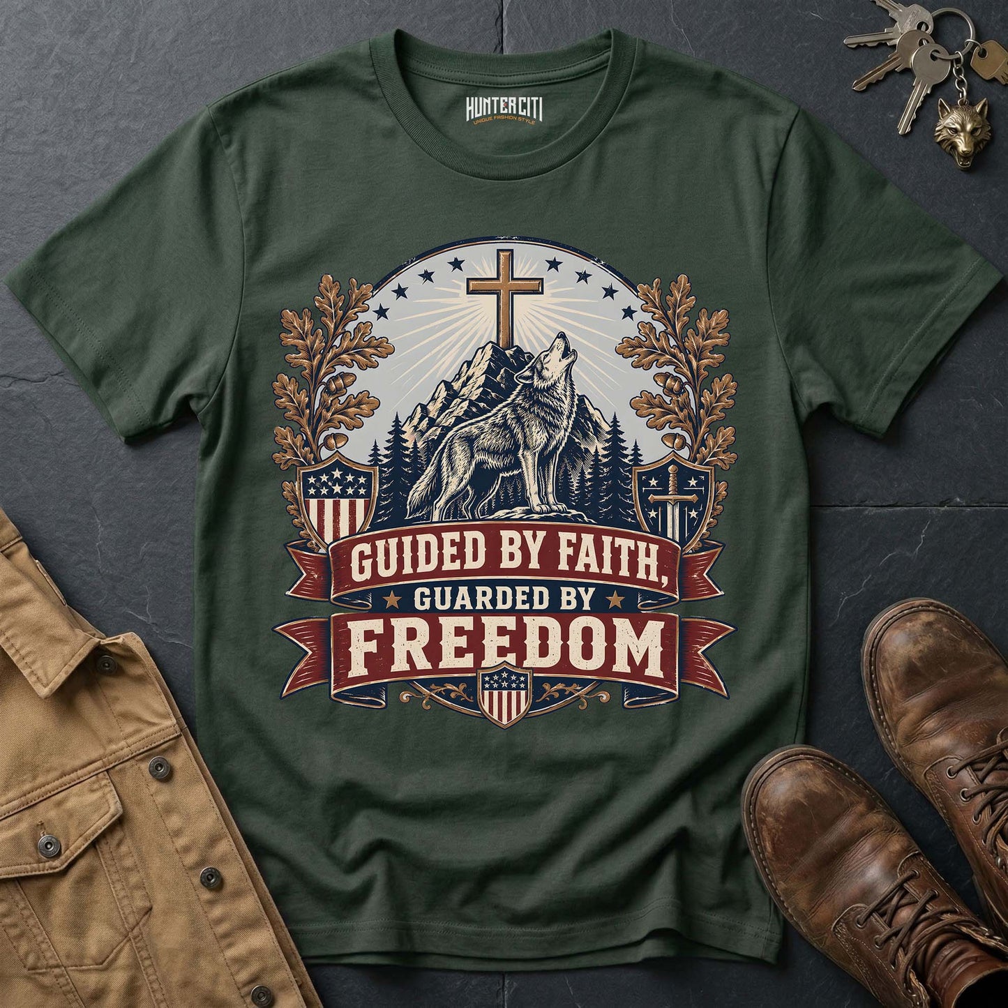 Guided by Faith Guarded by Freedom Wolf T-Shirt - Christian Patriotic Wolf Graphic Tee USA Gift for Men