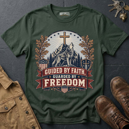 Guided by Faith Guarded by Freedom Wolf T-Shirt - Christian Patriotic Wolf Graphic Tee USA Gift for Men