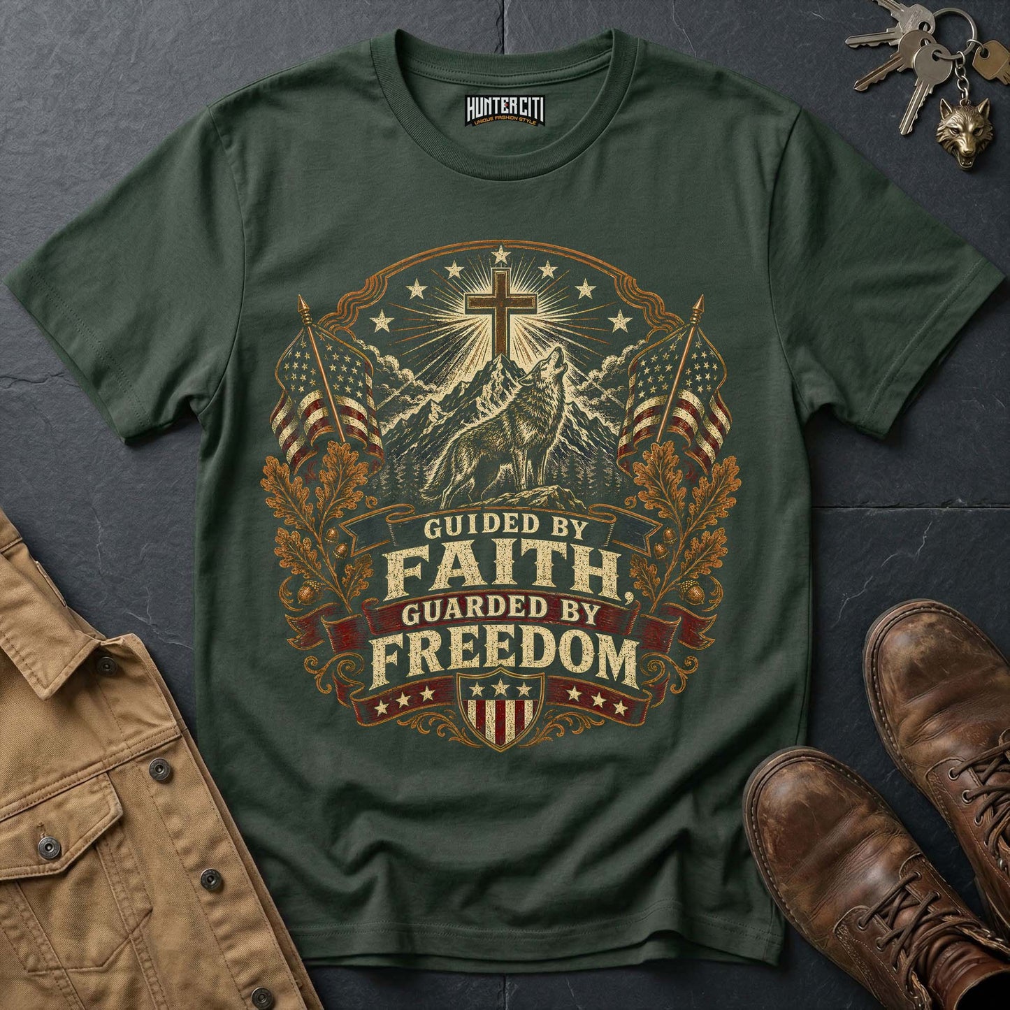 Guided by Faith Guarded by Freedom Wolf T-Shirt - Christian Patriotic Wolf Graphic Tee USA Gift for Men Vintage Edition