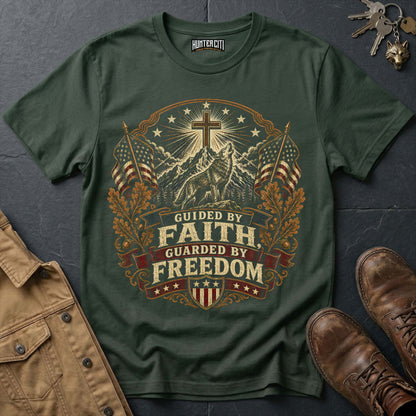 Guided by Faith Guarded by Freedom Wolf T-Shirt - Christian Patriotic Wolf Graphic Tee USA Gift for Men Vintage Edition