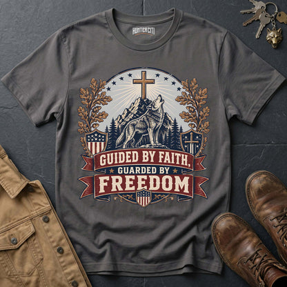 Guided by Faith Guarded by Freedom Wolf T-Shirt - Christian Patriotic Wolf Graphic Tee USA Gift for Men