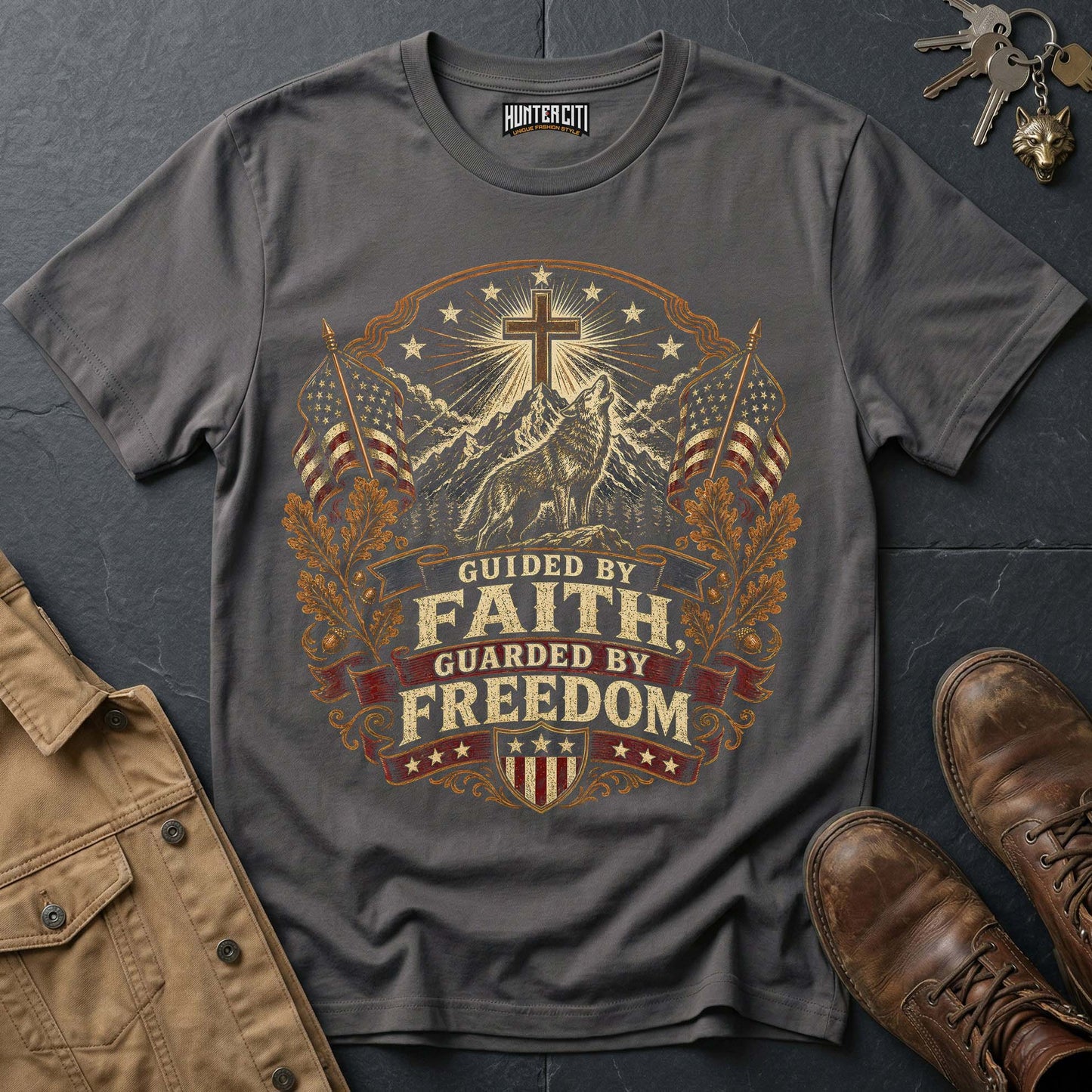 Guided by Faith Guarded by Freedom Wolf T-Shirt - Christian Patriotic Wolf Graphic Tee USA Gift for Men Vintage Edition